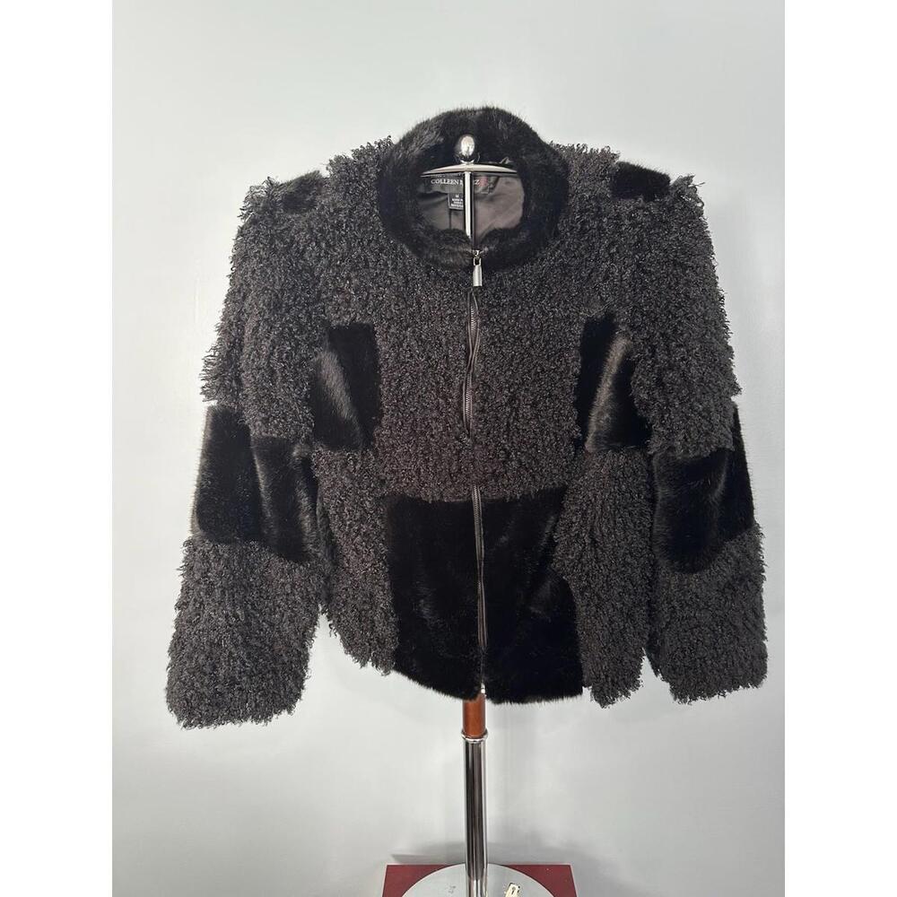 Colleen Lopez Patchwork Faux Fur Curly Lamb Plush Jacket Coat Medium M Women’s *